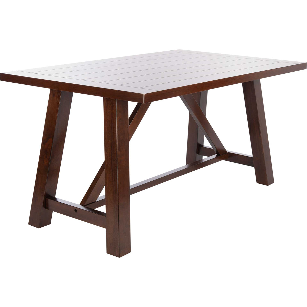 A rich brown tabletop rests on angled wood legs and a cross-braced trestle base. || DTB9217A || front_angle_studio
