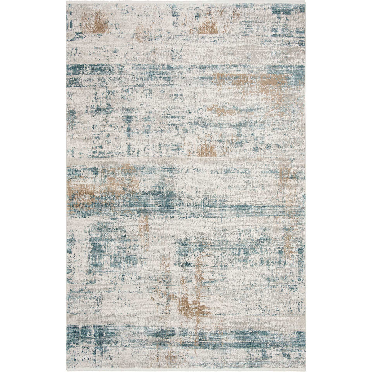 Muted blue bands and scattered taupe accents give this soft beige rug a gently distressed look.