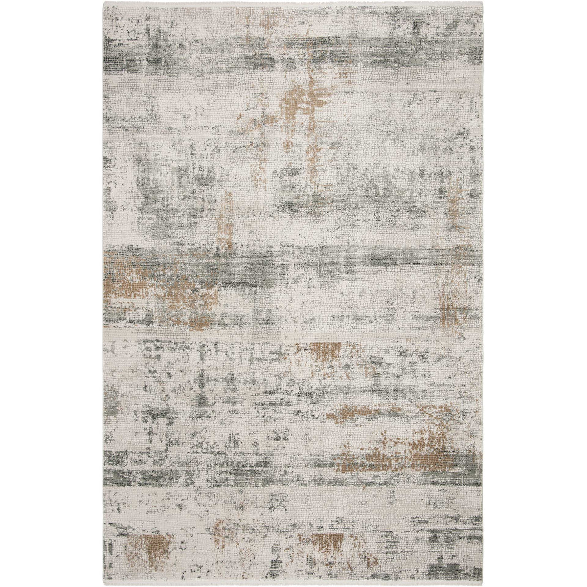 Faded horizontal bands and tan accents give this beige and gray rug a layered look.