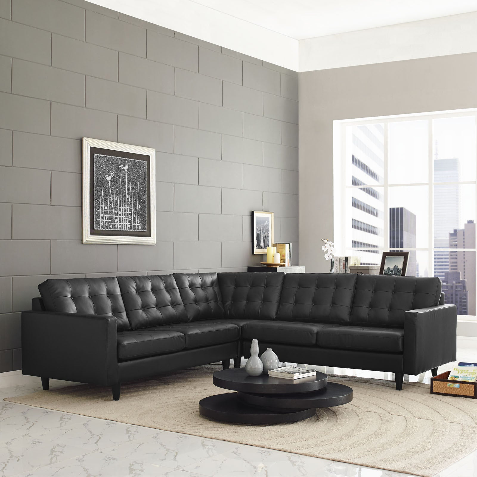Era Leather Corner Sectional Sofa Black
