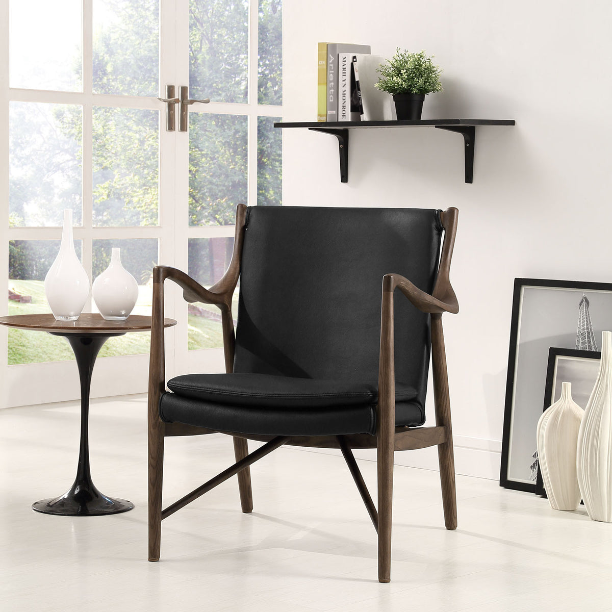 Minerva Leather Lounge Chair Walnut Black