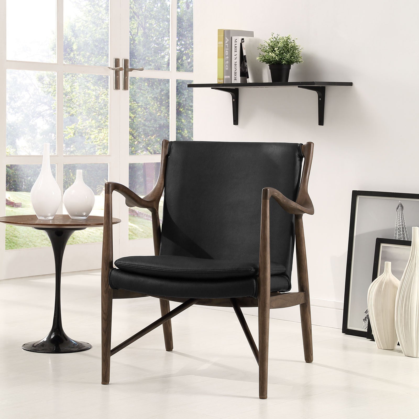 Minerva Leather Lounge Chair Walnut Black