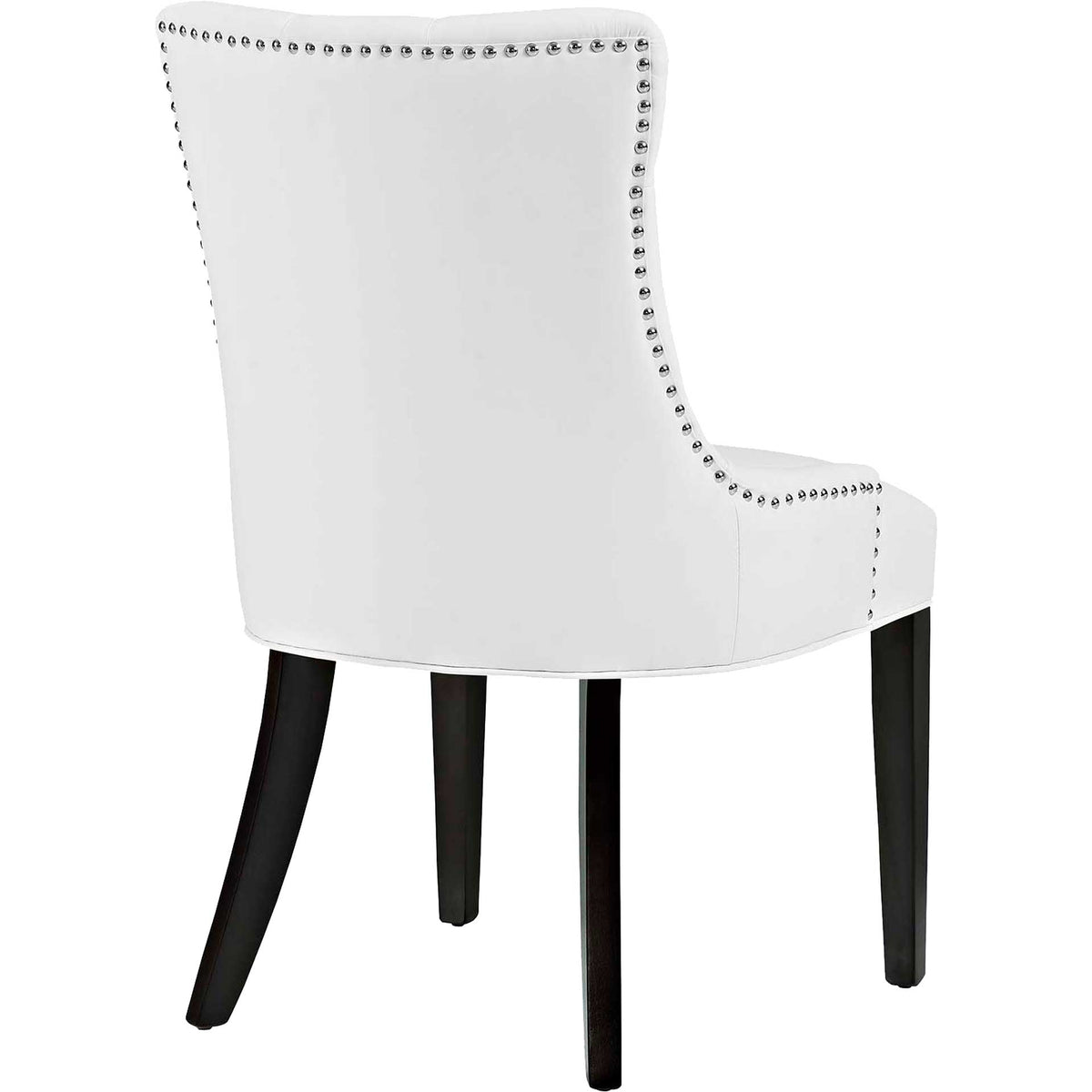 White vegan leather covers the contoured chair back, accented by shiny nailheads and dark wood legs.