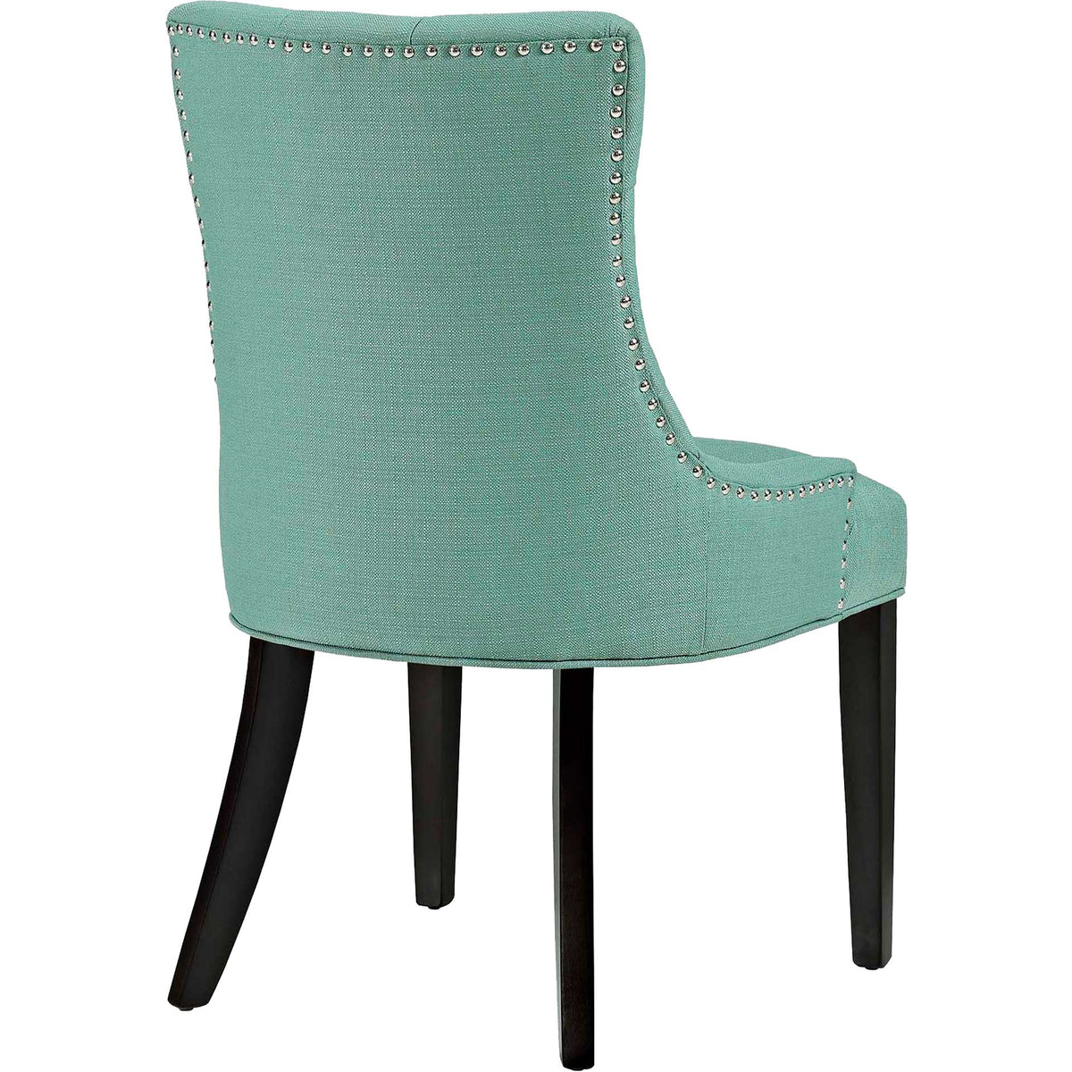 Textured turquoise fabric wraps the high chair back, with nailhead trim tracing its curves.