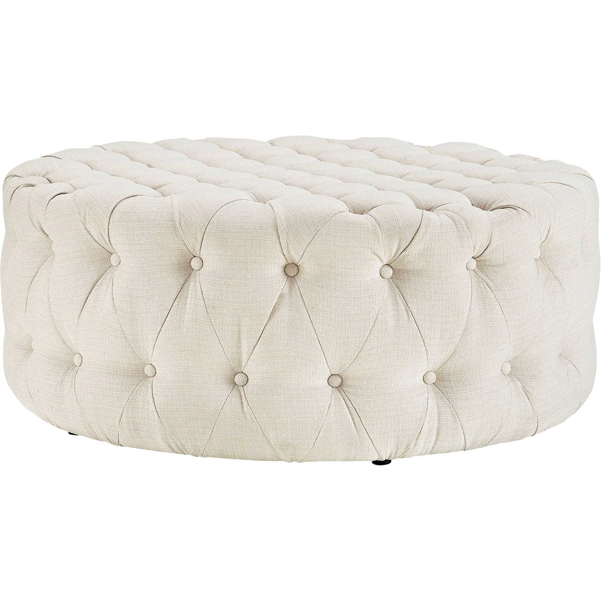 Round beige ottoman with deep diamond tufting and a generously padded silhouette || EEI-2225-BEI || front_studio