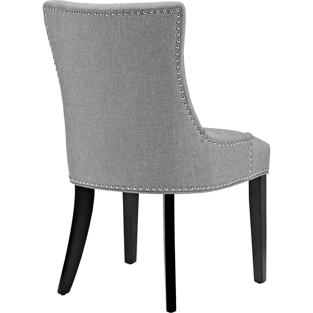 Silver nailheads outline the curved light gray back and upholstered seat above dark tapered legs