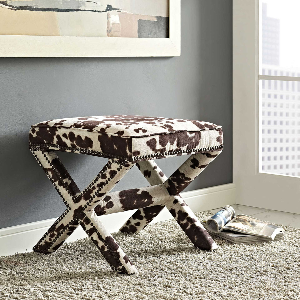 Roger Upholstered Fabric Bench Cowhide