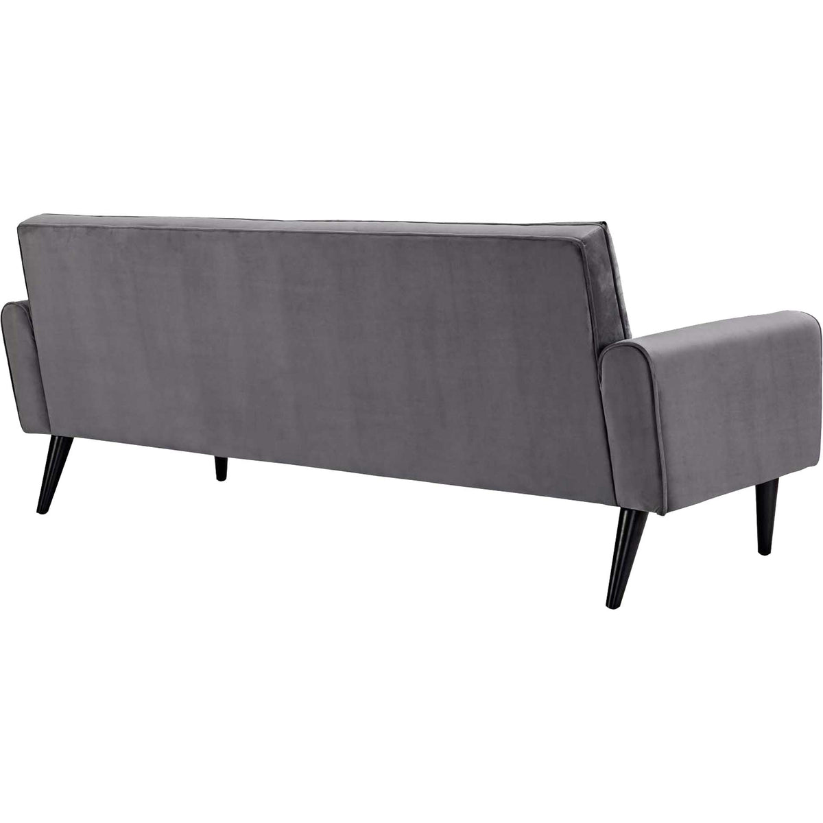 Smooth gray velvet covers the sofa's back and curved arms above tapered wood legs