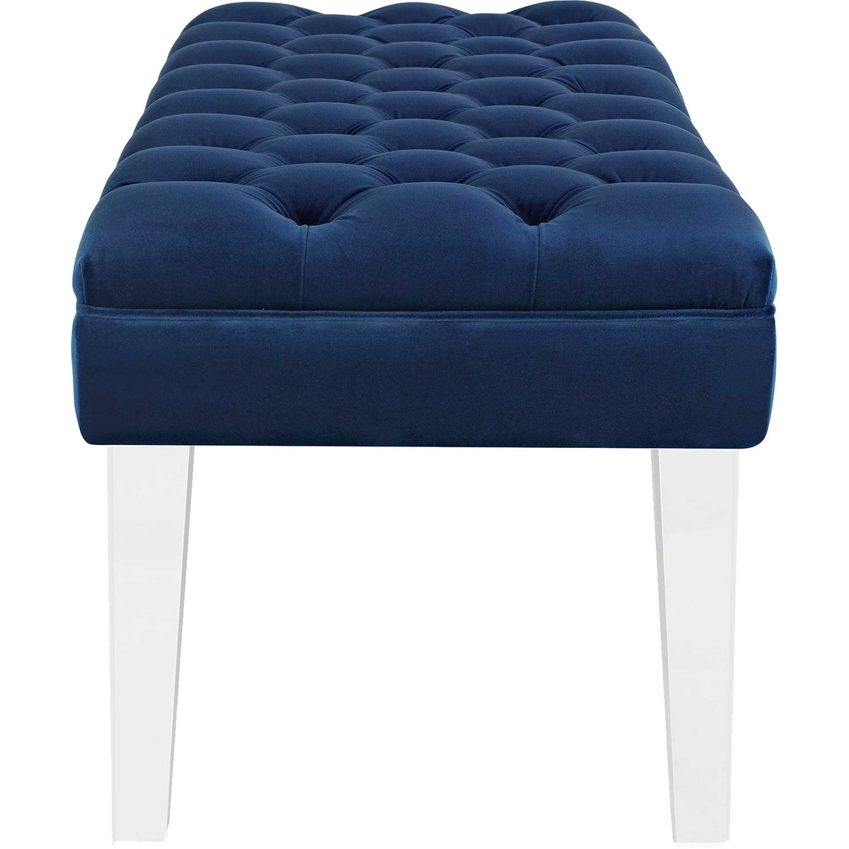 Cushioned navy velvet with button tufting meets clear, tapered acrylic legs