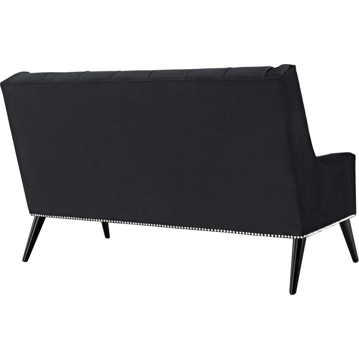 Smooth black upholstery, slim tapered legs and nailhead trim give this loveseat a polished finish