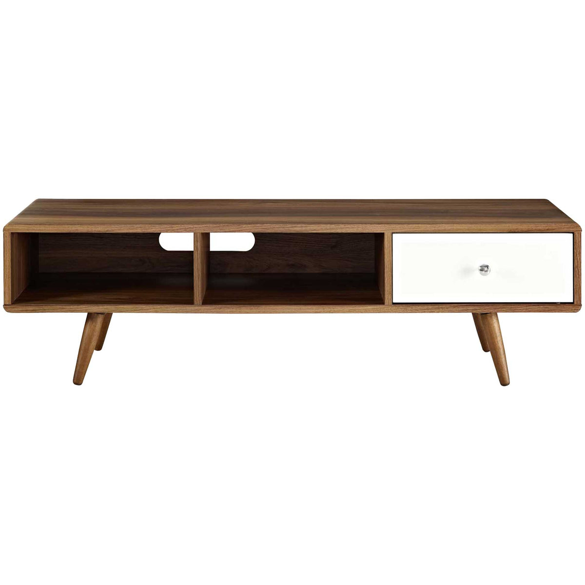 Walnut TV stand with dual open shelves and a white drawer for streamlined media storage || EEI-2530-WAL-WHI || front_studio