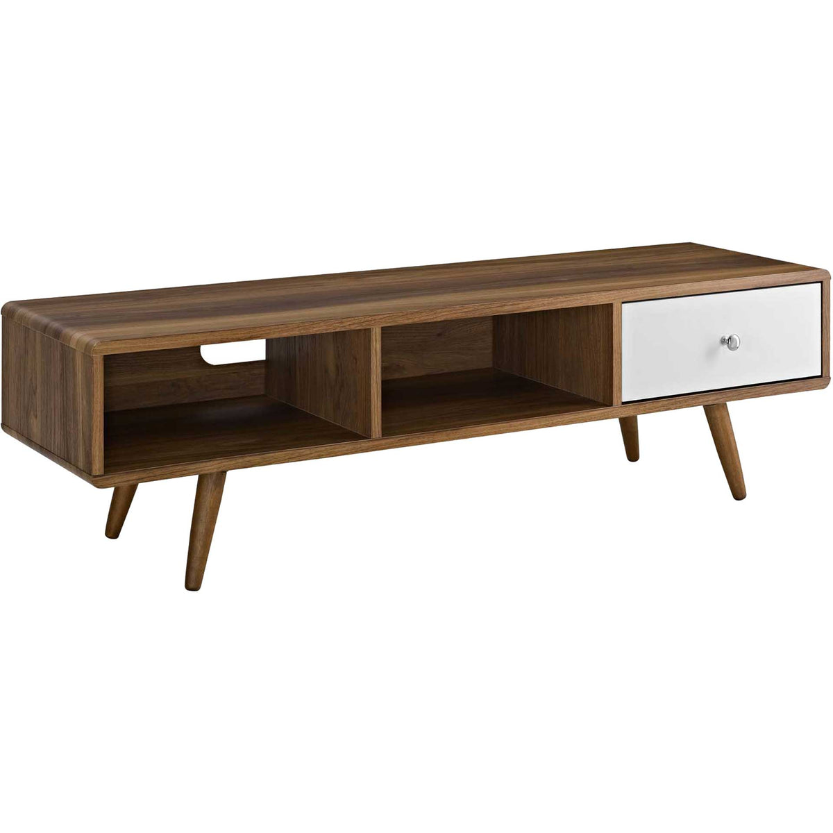 Mid-century walnut TV stand with splayed legs, open cubbies, and a glossy white drawer front || EEI-2530-WAL-WHI || front_angle_studio