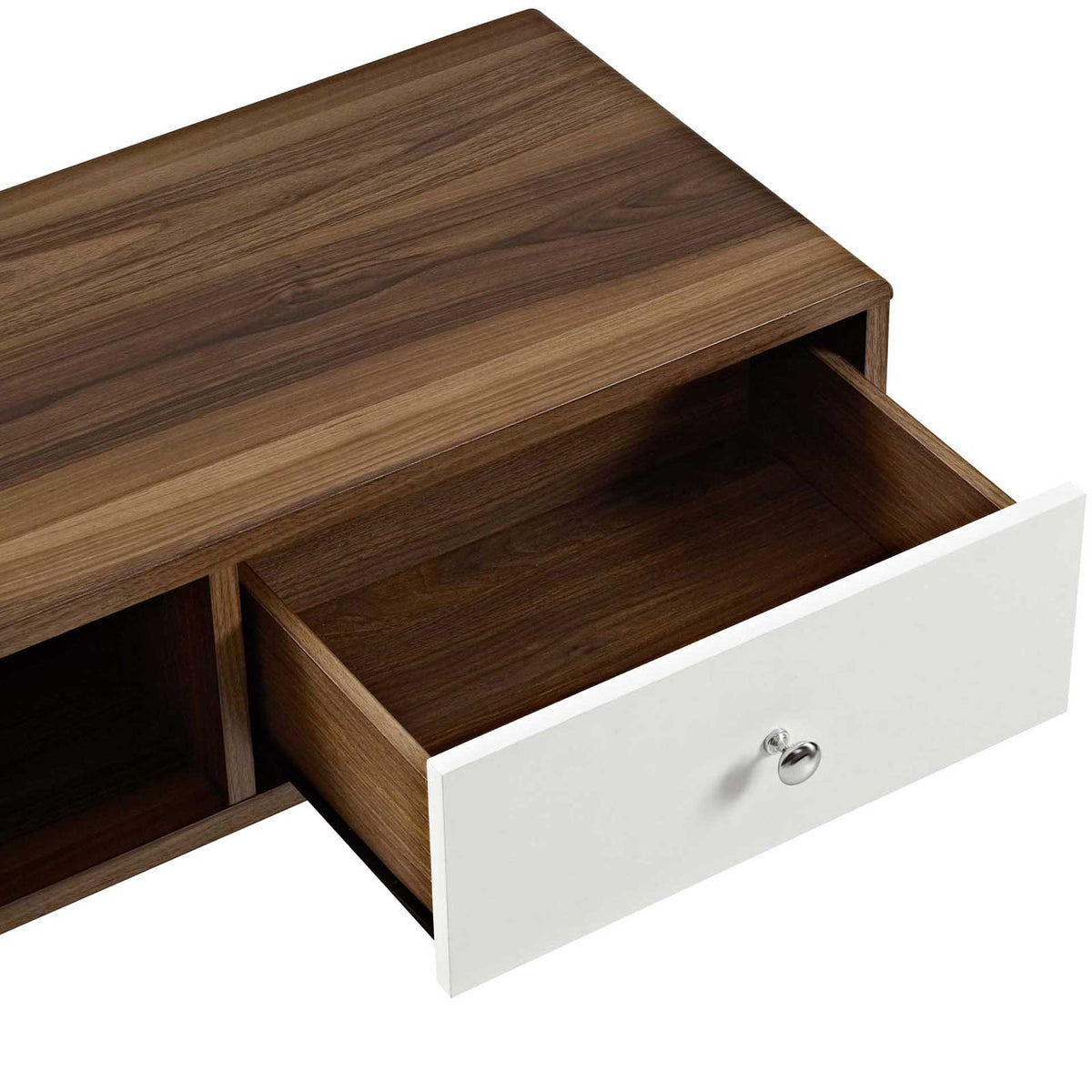 Full-extension drawer glides out to keep remotes, games, and accessories neatly hidden away