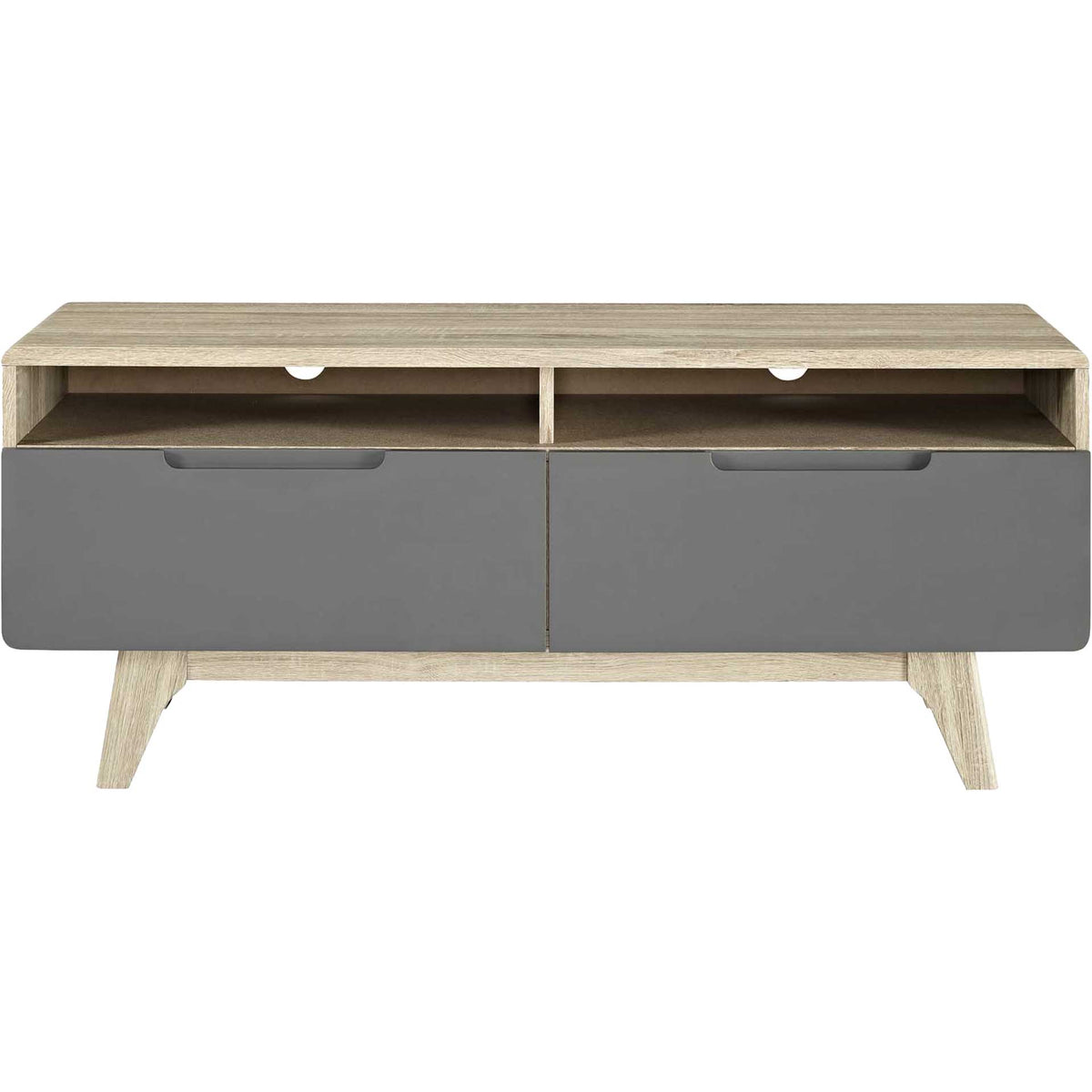 Two gray drawers and divided media shelves with cable openings keep entertainment essentials organized || EEI-2533-NAT-GRY || front_studio