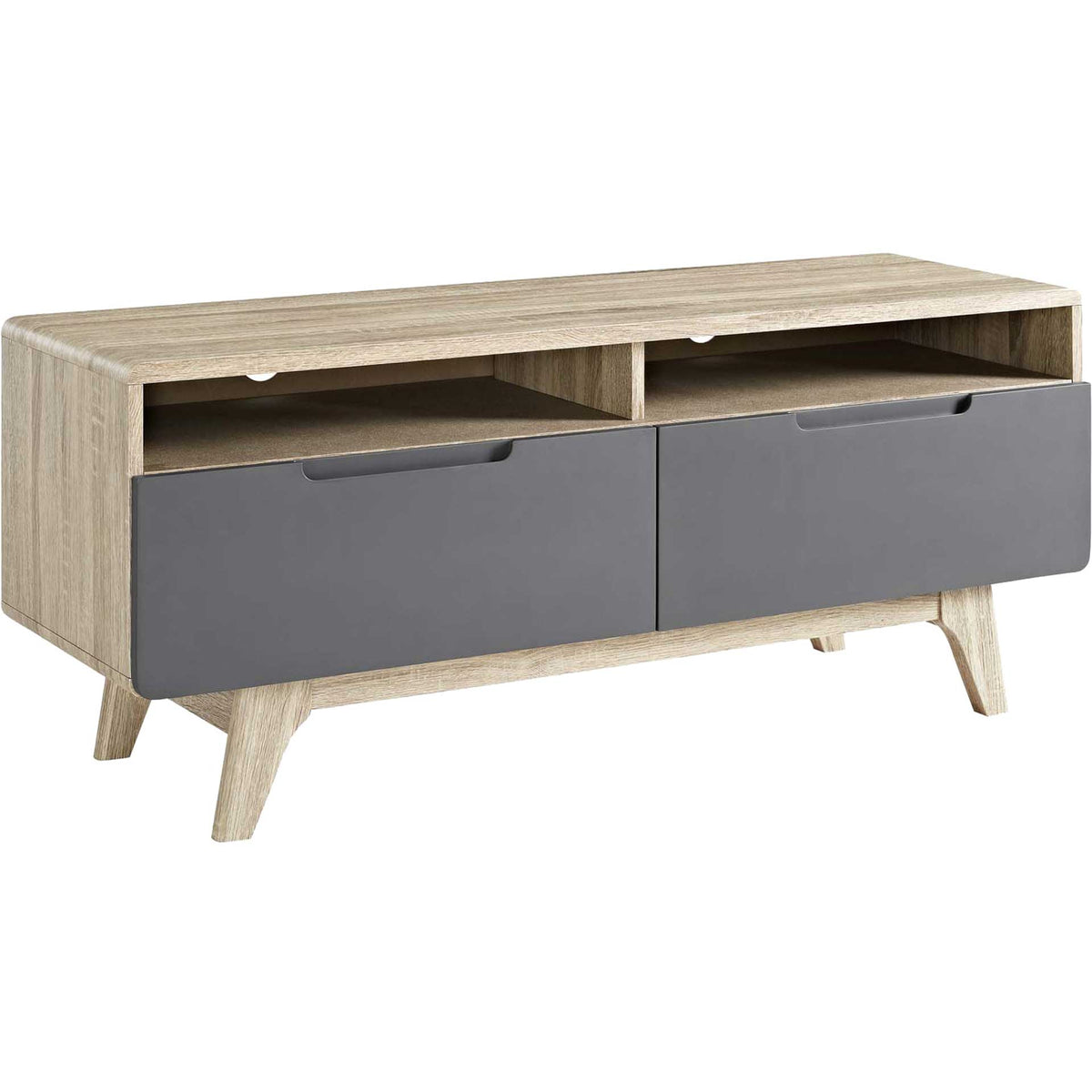 Natural wood-grain TV stand pairs rounded corners and tapered legs with sleek gray drawers || EEI-2533-NAT-GRY || front_angle_studio