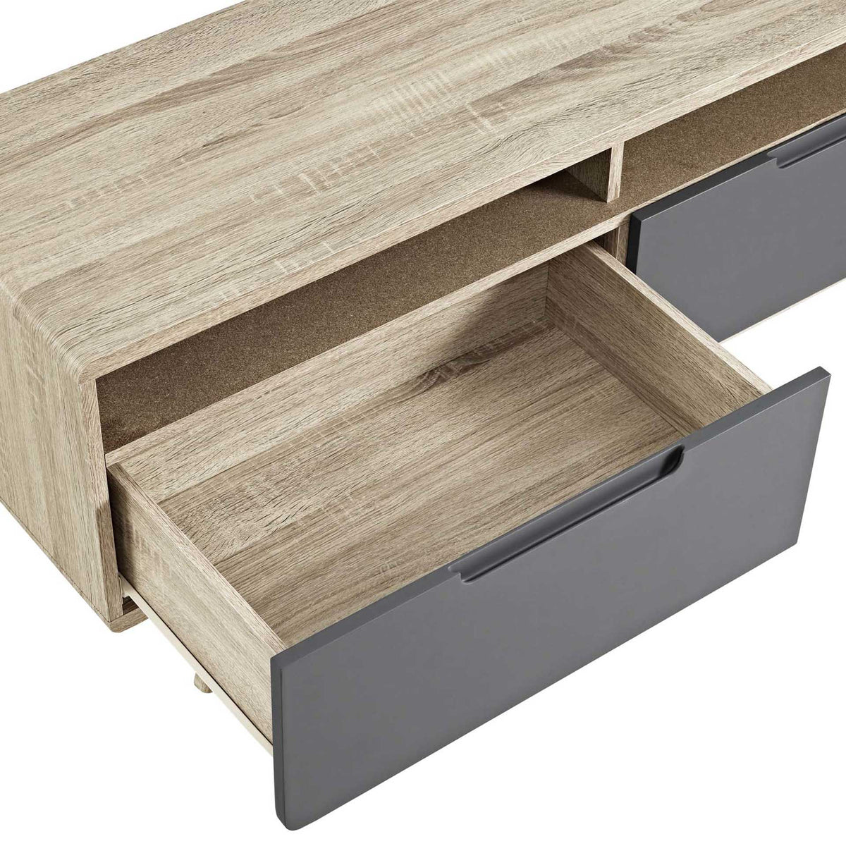 A spacious gray-front drawer reveals wood-grain storage beneath open media shelves