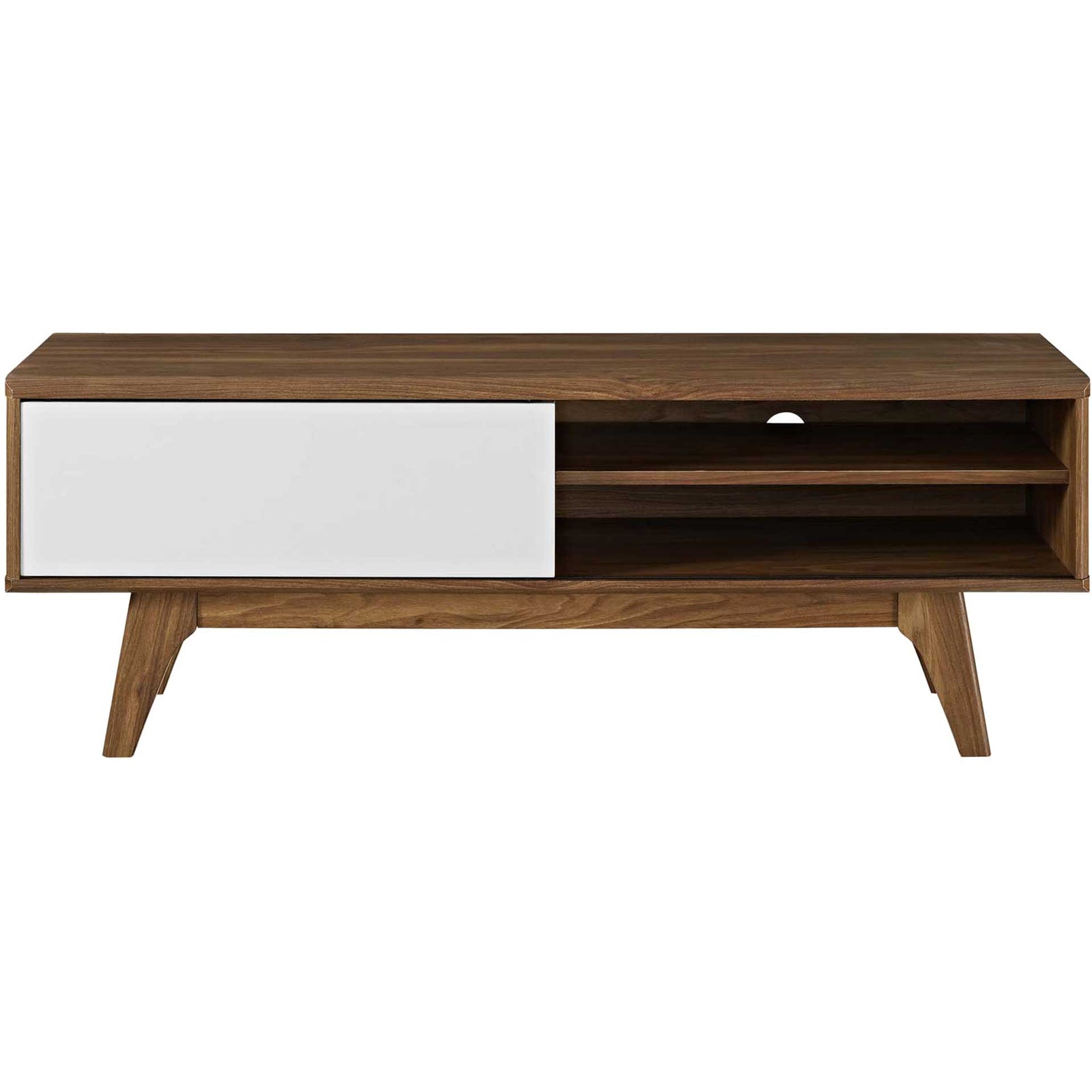Walnut TV stand with one white sliding door and dual open shelves for components and decor || EEI-2538-WAL-WHI || front_studio