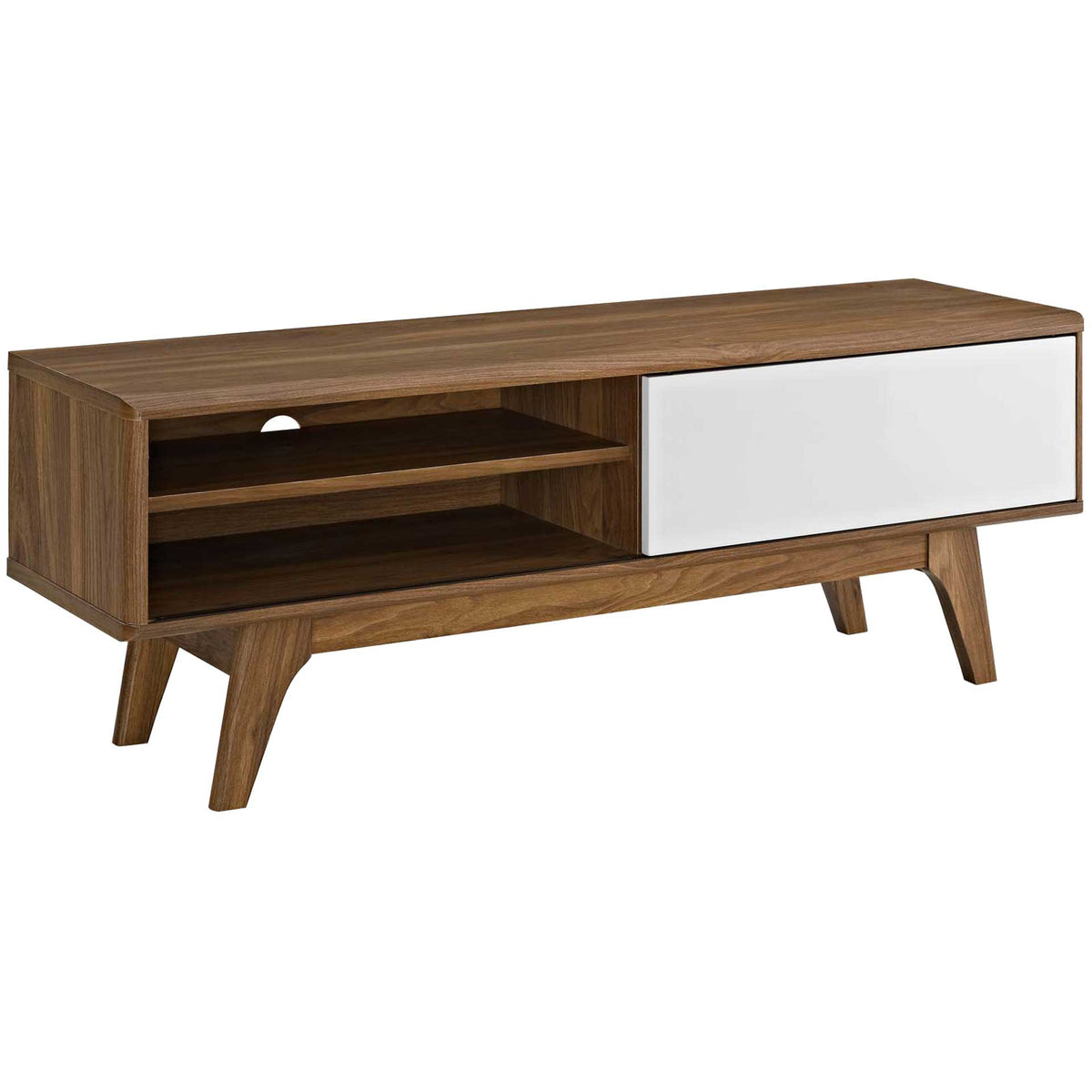 Walnut and white TV stand with sliding door and open shelves for compact media storage || EEI-2538-WAL-WHI || front_angle_studio