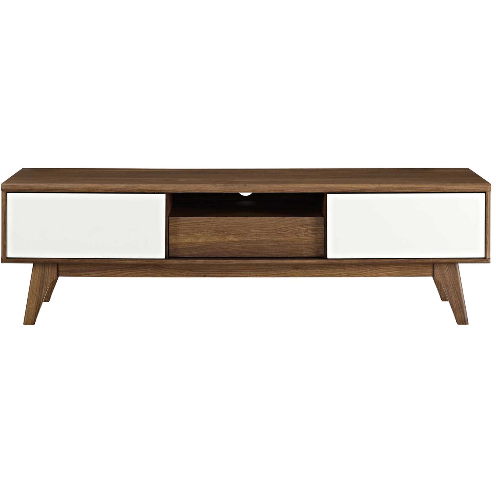 Walnut TV stand with two white sliding doors, open center cubby, and storage drawer on tapered legs || EEI-2540-WAL-WHI || front_studio