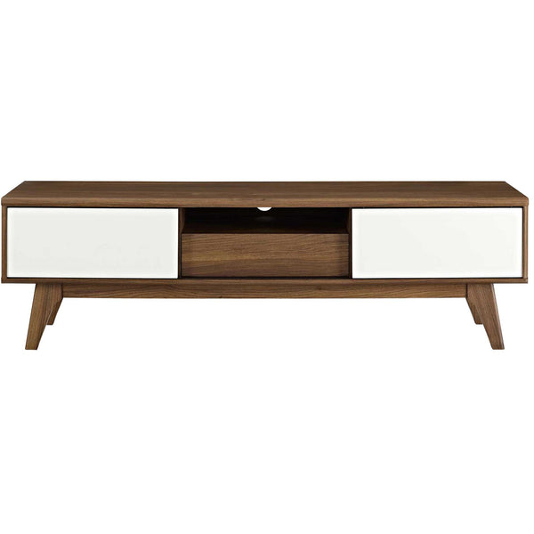 Walnut TV stand with two white sliding doors, open center cubby, and storage drawer on tapered legs || EEI-2540-WAL-WHI || front_studio