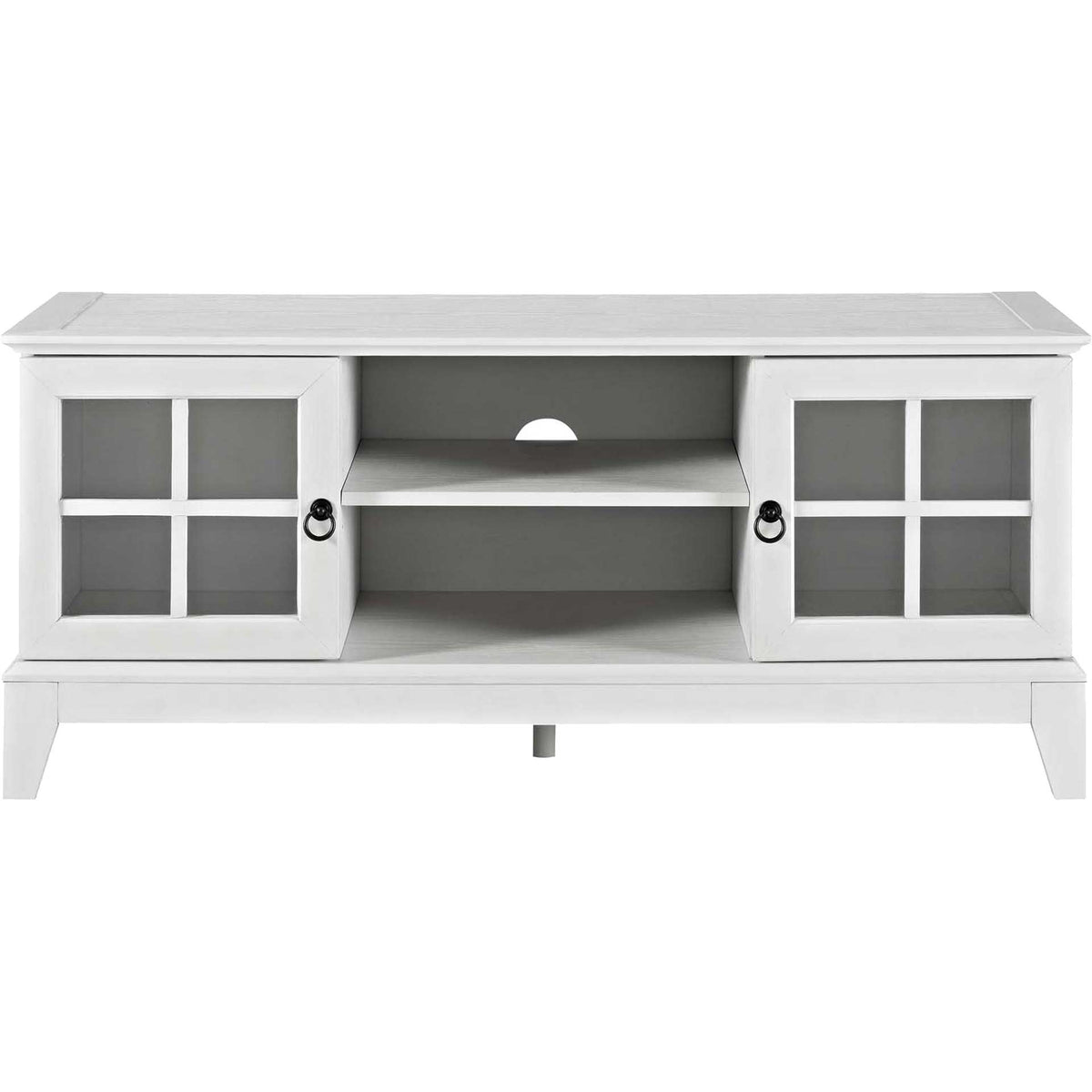Two glass-paneled doors frame open shelves with a cable opening on this white TV stand || EEI-2544-WHI || front_studio
