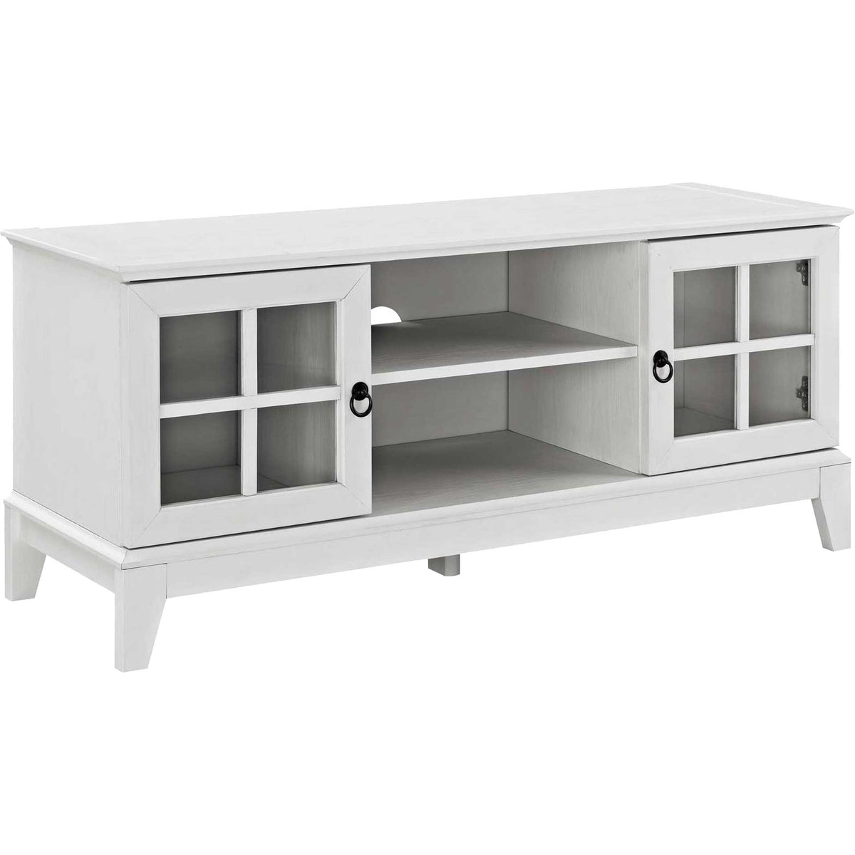 White TV stand pairs windowpane glass cabinets with open media shelves and tapered legs || EEI-2544-WHI || front_angle_studio