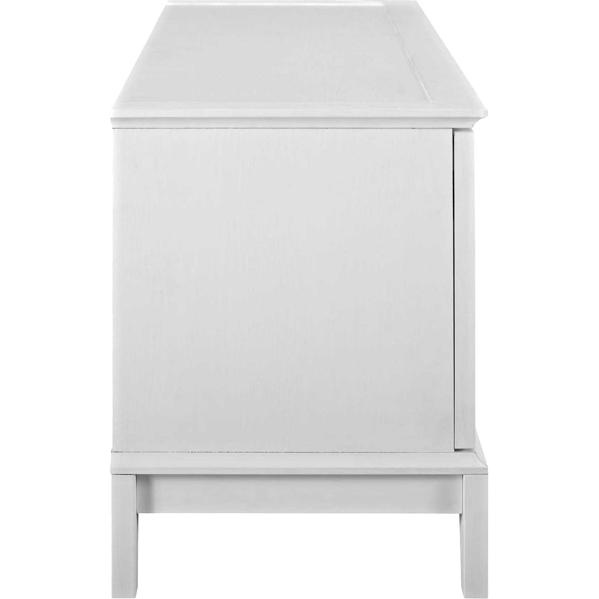 Smooth white side panel and raised, tapered legs give this media console a clean coastal look