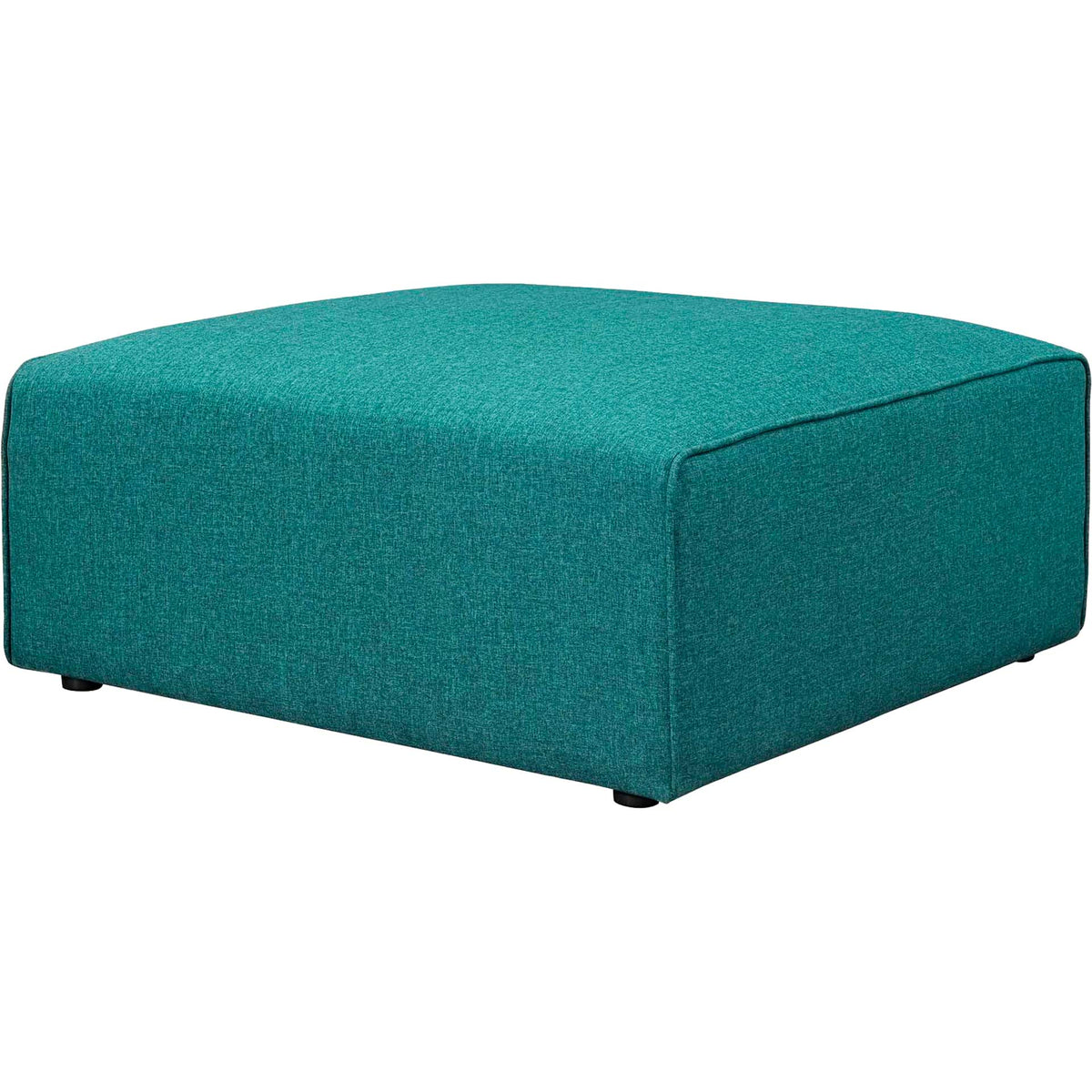 Square teal fabric ottoman with a cushioned top, piped trim, and discreet black legs || EEI-2726-TEA || front_angle_studio