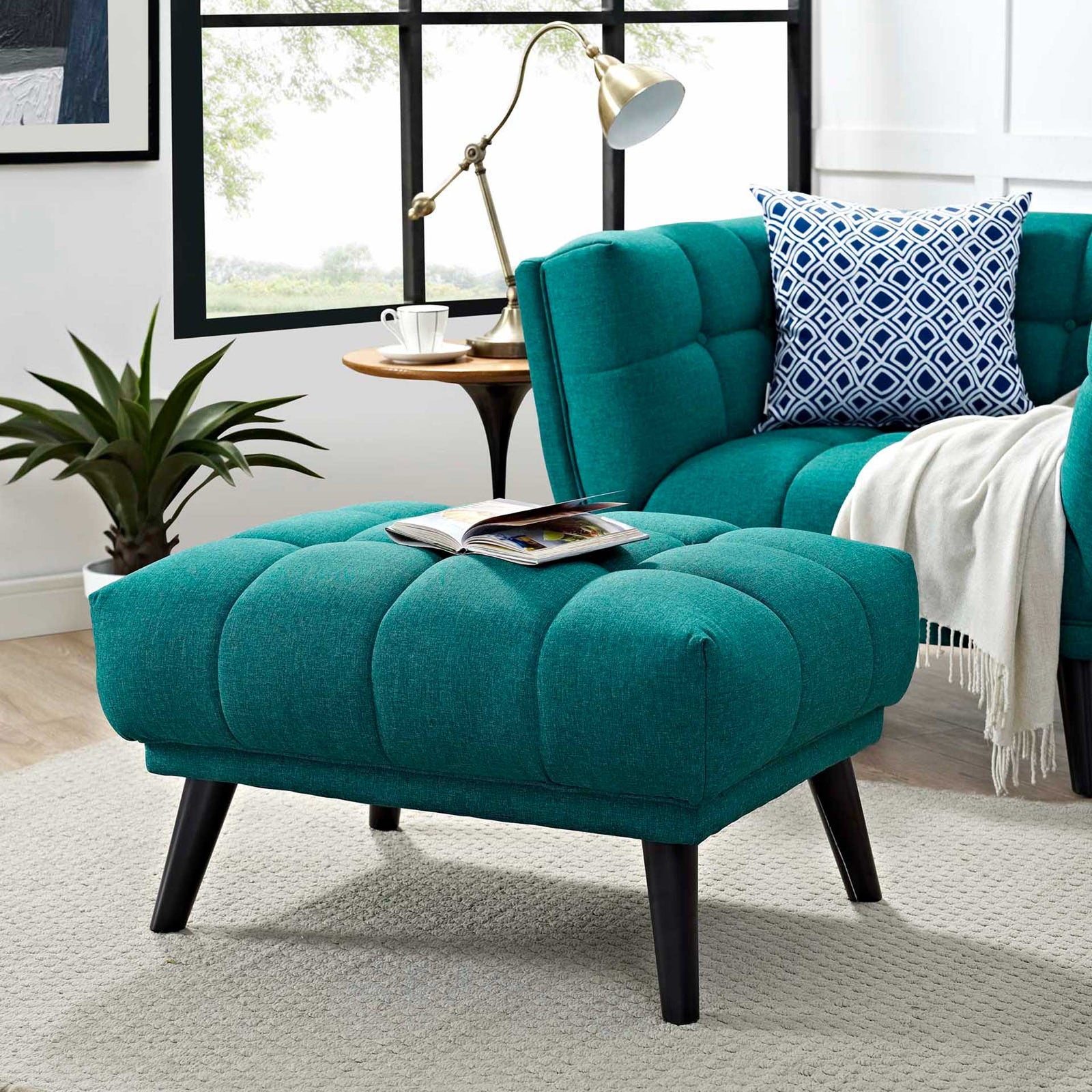 Banister Upholstered Fabric Ottoman Teal