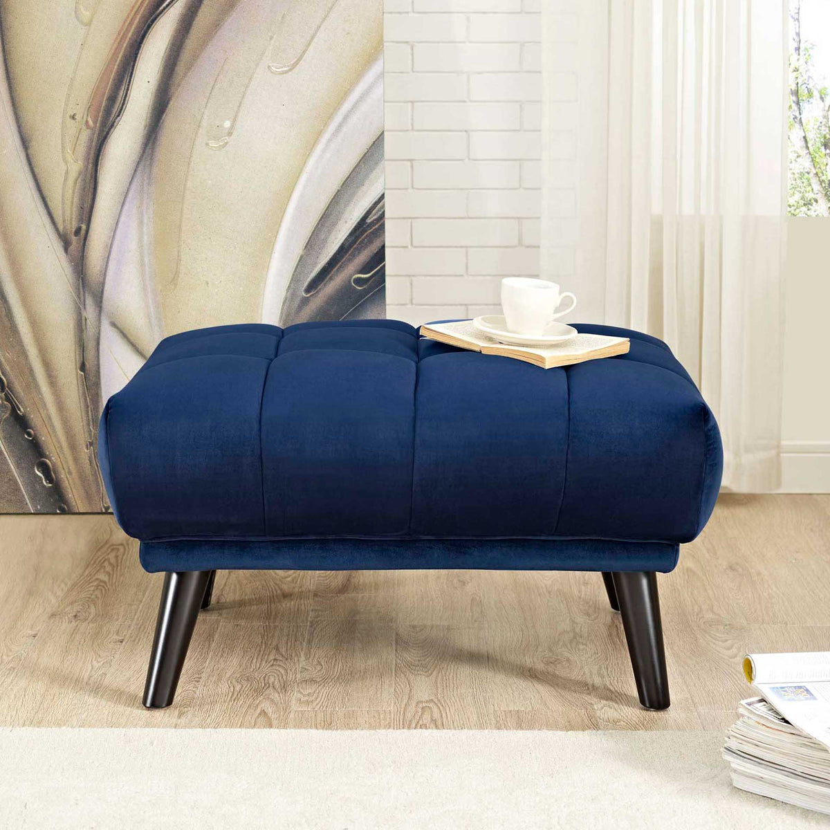 Banister Velvet Ottoman Navy