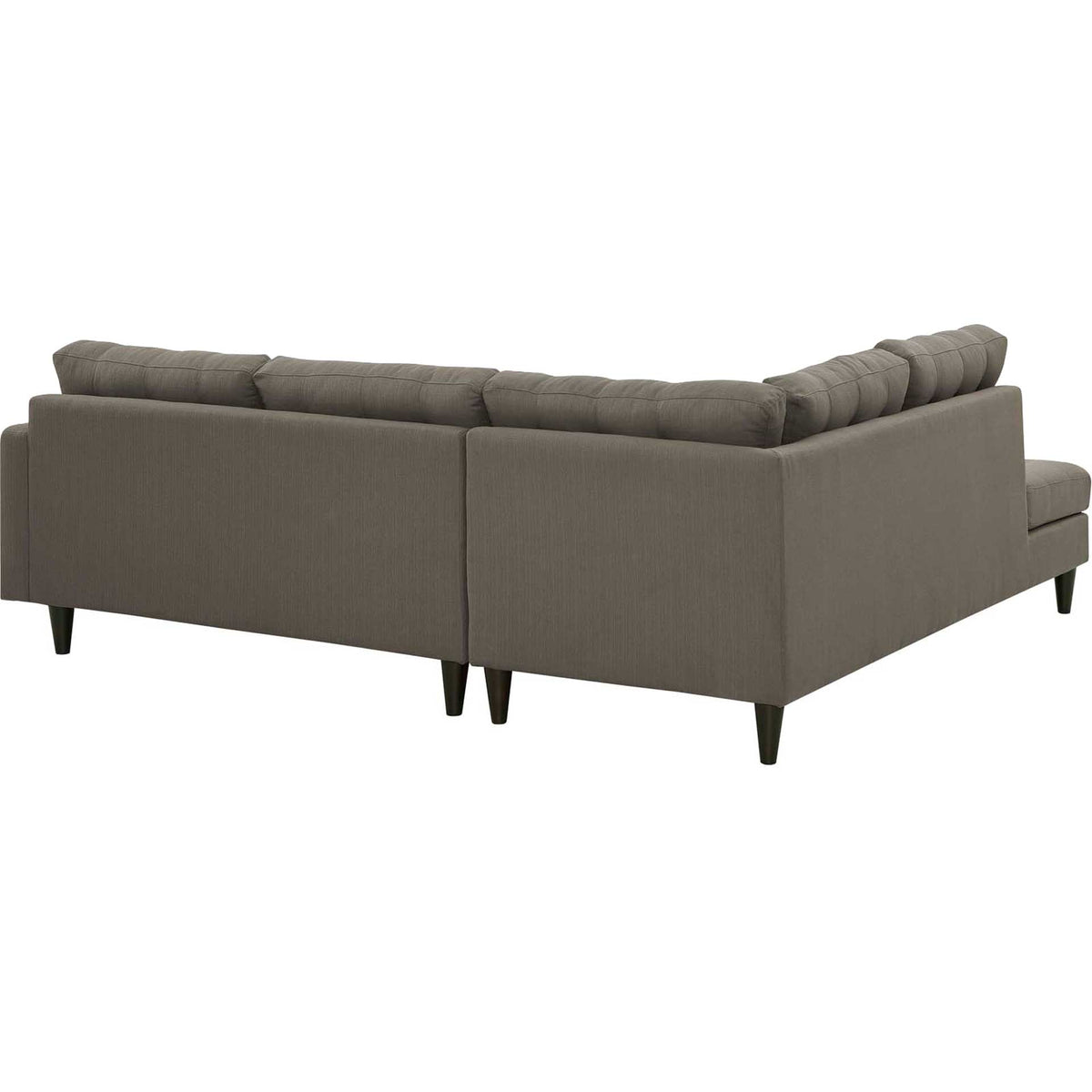Smooth granite-gray fabric covers the sectional's outer backs and low, tailored frame