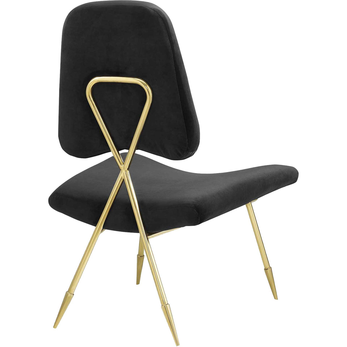 A sculptural crossed gold brace stands out against the black velvet back and angled legs.