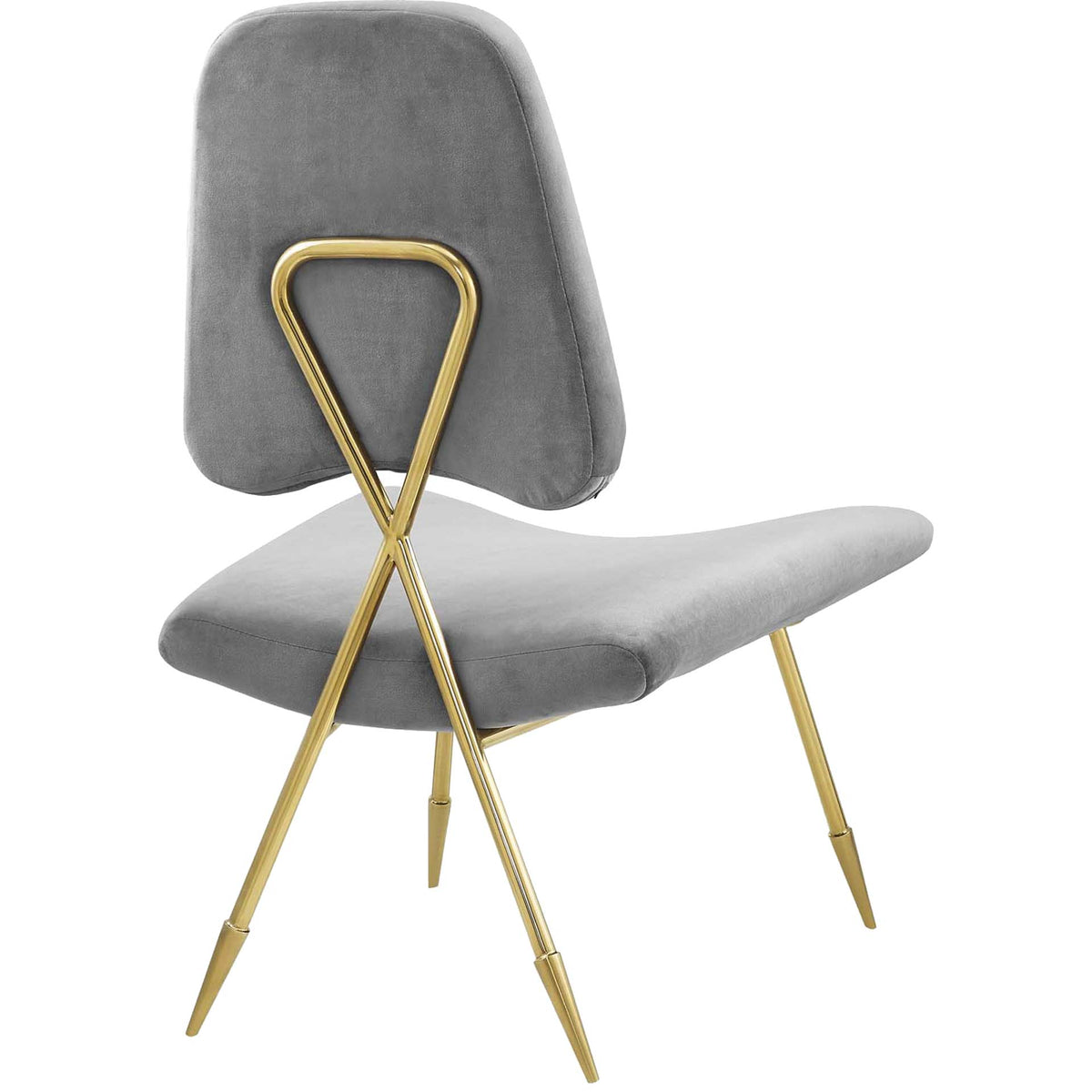 A crossed gold support accents the smooth gray velvet back and splayed metal legs.