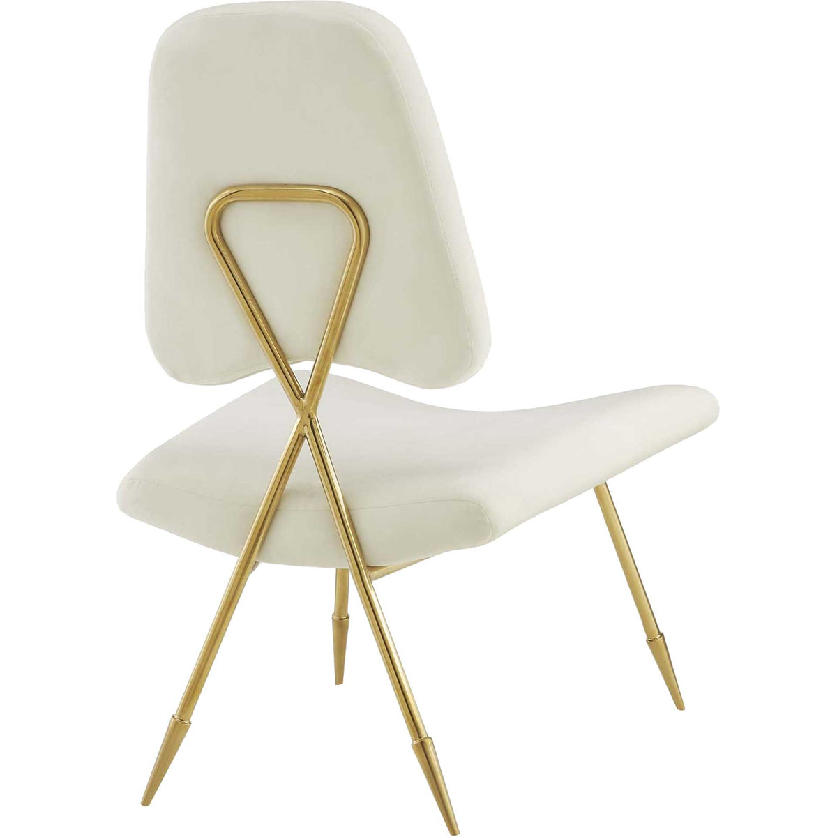 An X-shaped gold support highlights the ivory velvet back and angled legs.