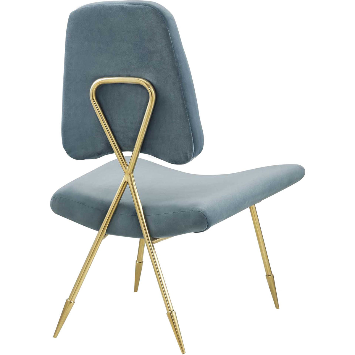 A crossed gold support accents the sea blue velvet back and four splayed legs.