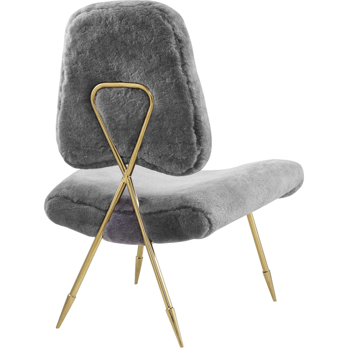 A crossed gold support accents the soft gray sheepskin back and splayed metal legs.
