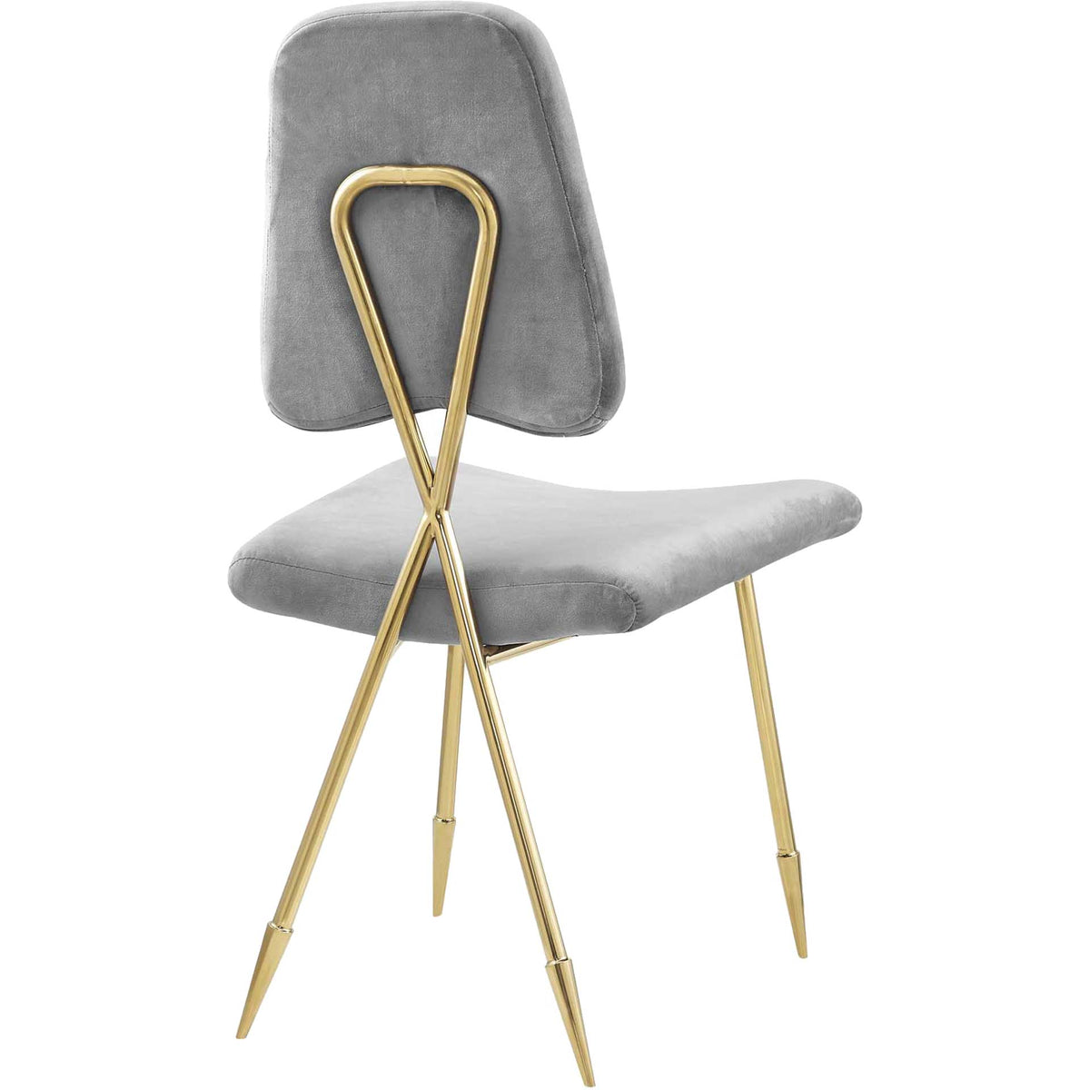 A gold loop accents the gray velvet backrest above crossed supports and tapered legs