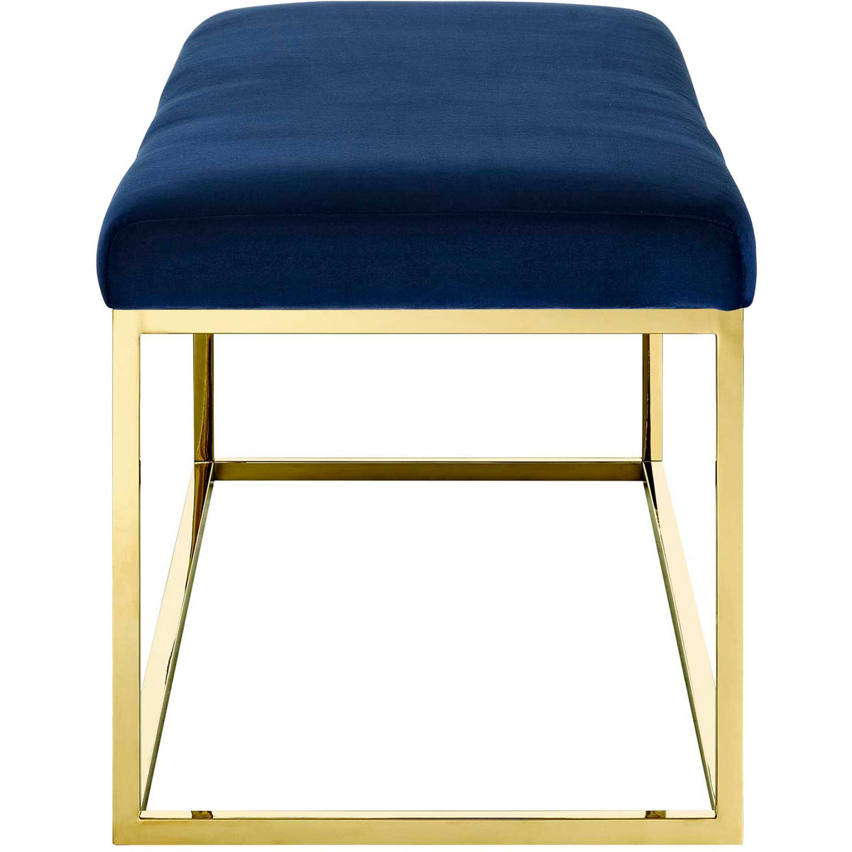 Plush navy upholstery rests on a slender gold base with an airy, open design
