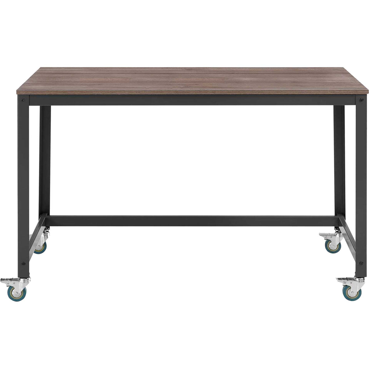 A broad wood-grain desktop and open metal frame create a streamlined workspace || EEI-2852-GRY-WAL || front_studio