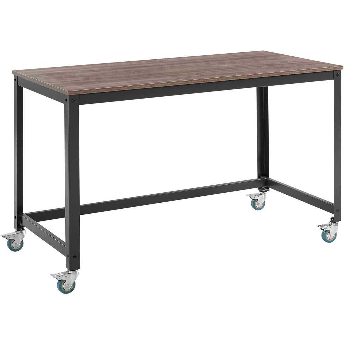A walnut-grain top and gray steel frame rest on four locking swivel casters || EEI-2852-GRY-WAL || front_angle_studio
