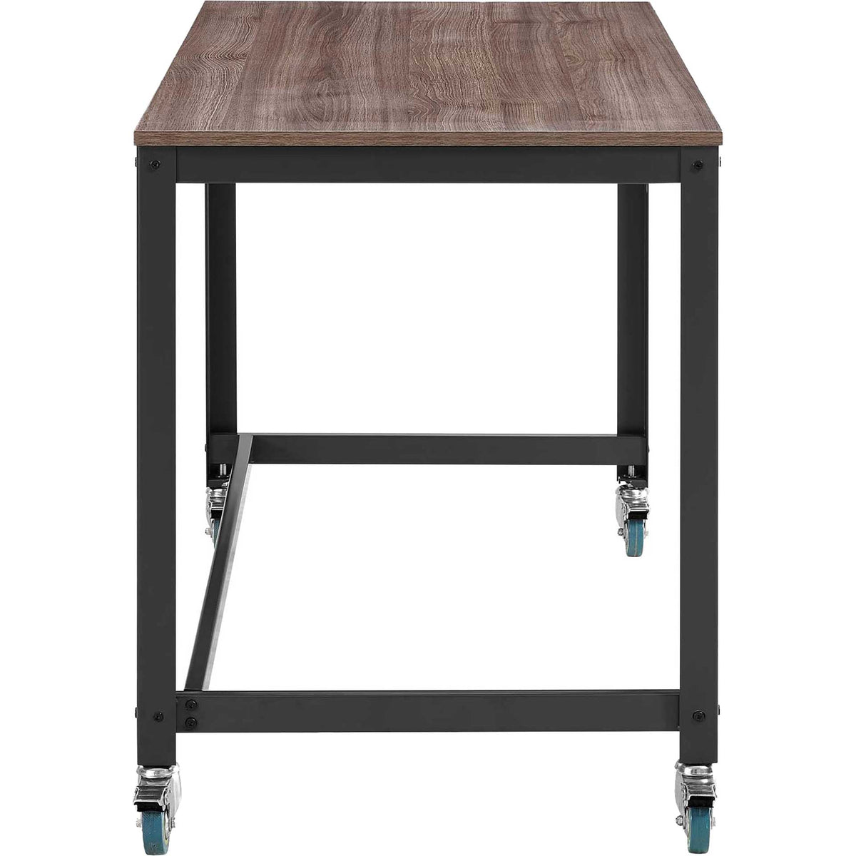 Square steel supports and swivel casters add mobility beneath the wood-grain desktop