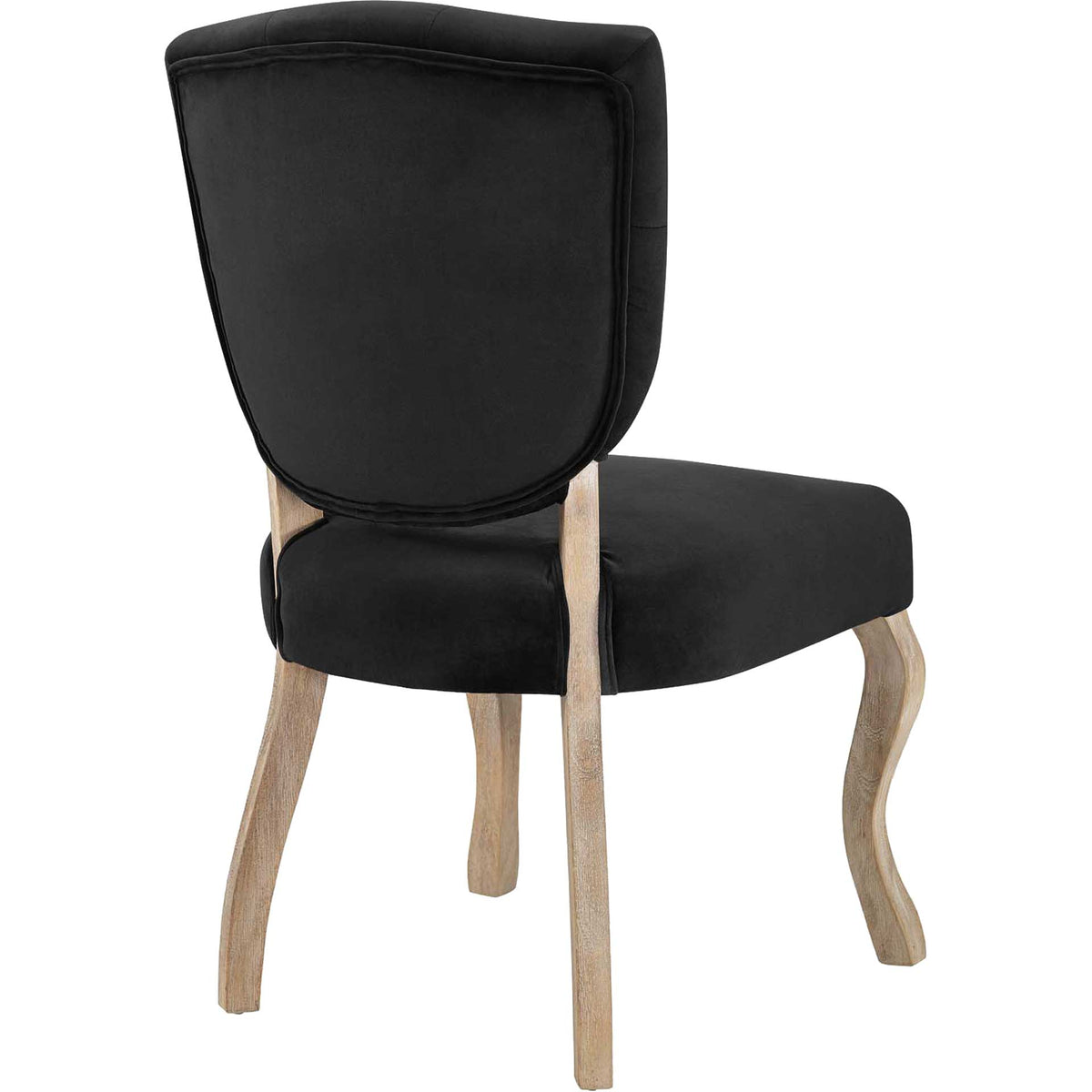 A smooth black velvet back and curved weathered wood legs lend this dining chair timeless elegance.
