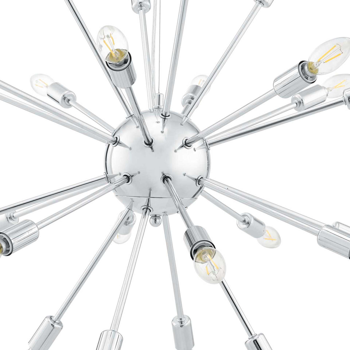 A gleaming chrome sphere anchors slim metal arms and ribbed sockets with clear filament bulbs