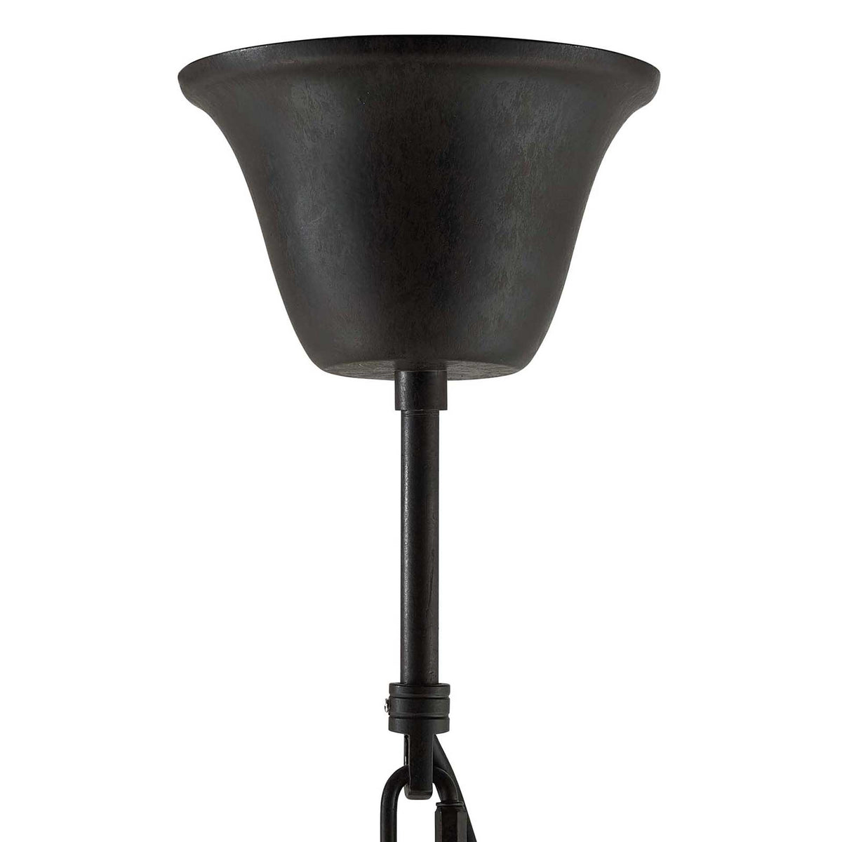 A flared black ceiling canopy connects to the pendant's matching chain and stem.
