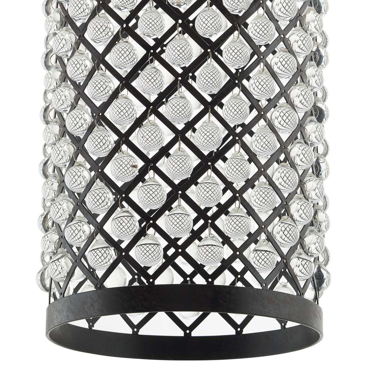 Textured clear glass beads hang within a black metal lattice above a broad circular rim.