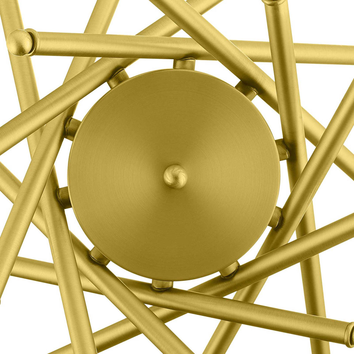 A circular brass hub anchors the pendant's overlapping metal rods.