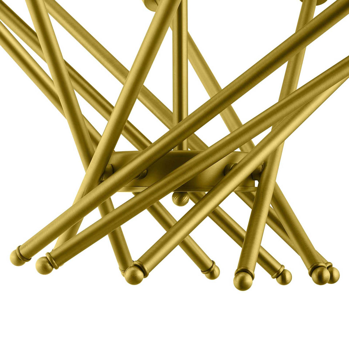 Crossing brass rods end in rounded tips beneath the pendant's central hub.