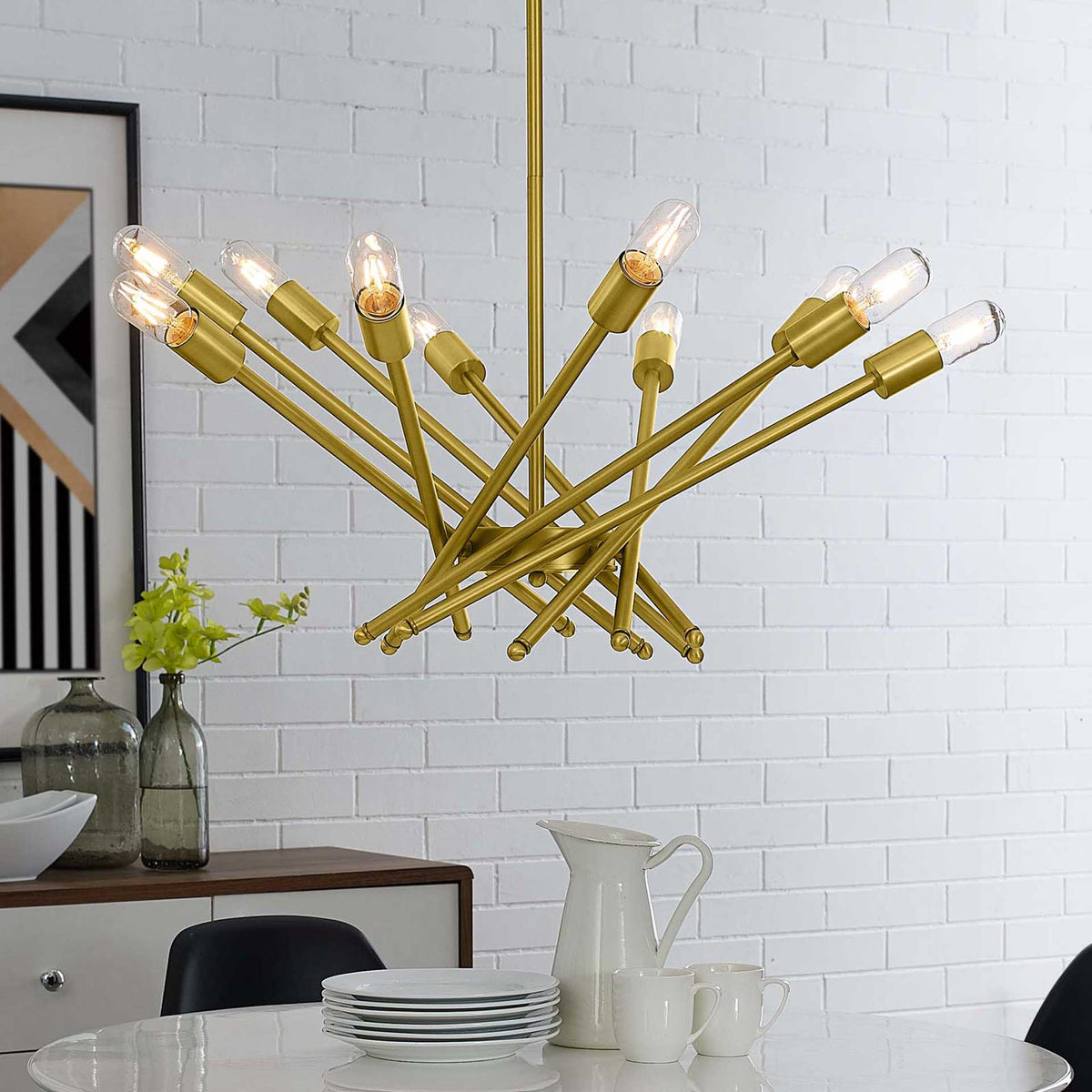 Exposed bulbs cast a warm glow above a dining table from a web of brass rods.