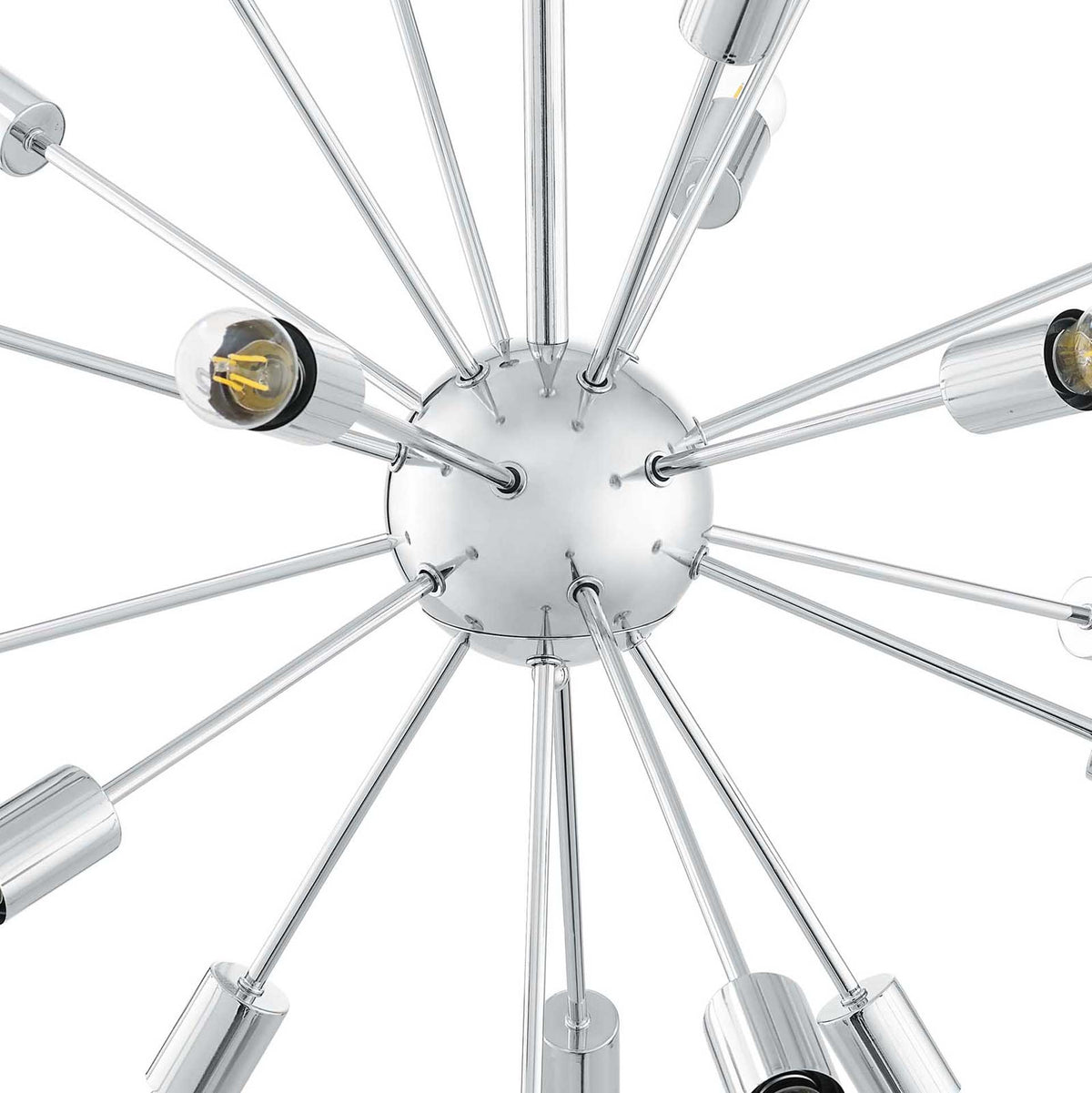 A reflective chrome hub joins slim arms, with dark trim accenting the bulb sockets
