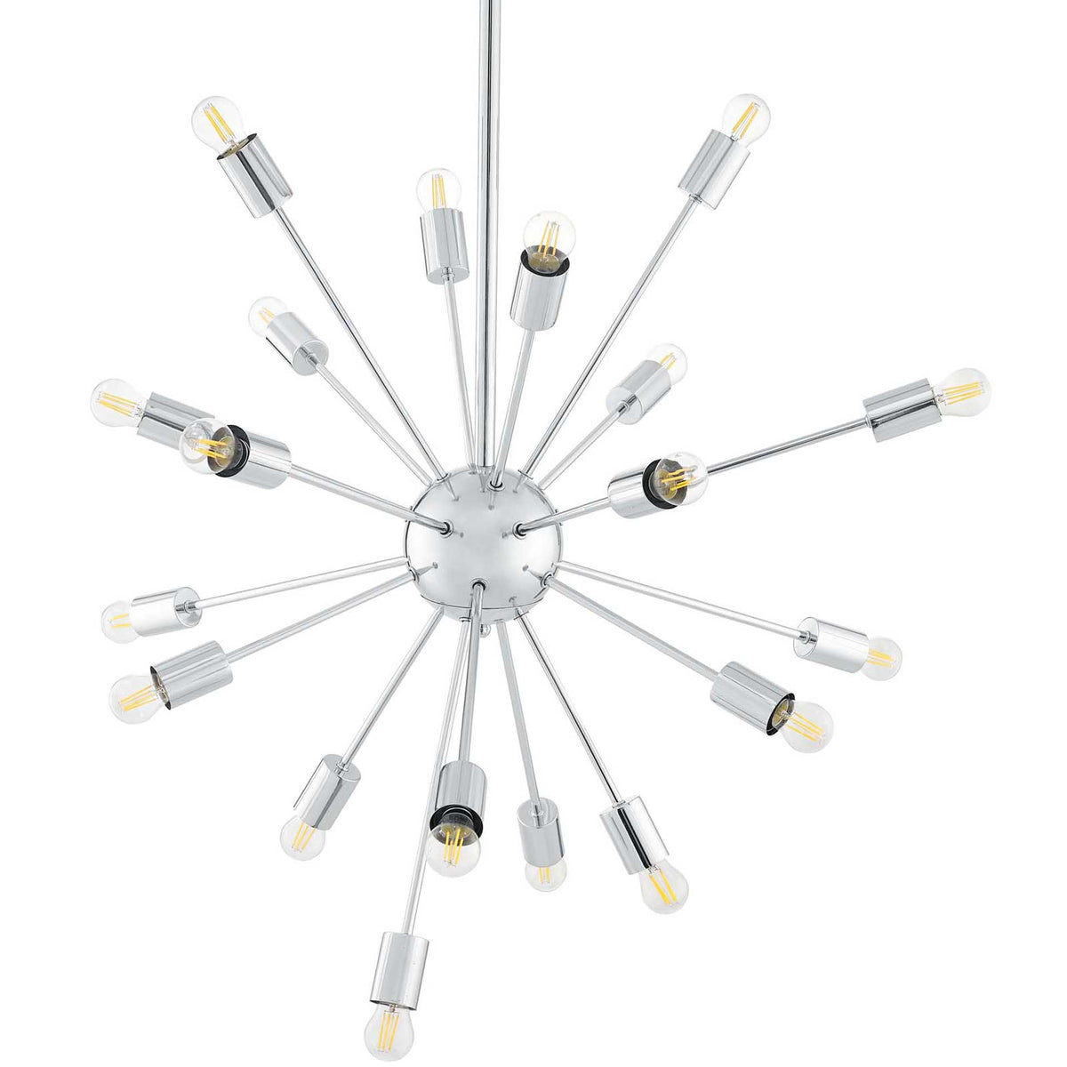 Slender chrome arms fan out from a polished globe toward cylindrical sockets and exposed bulbs